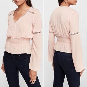 Express Top Women XS Pink V Neck Flare Long Sleeve Peplum Jacquard Blouse B24